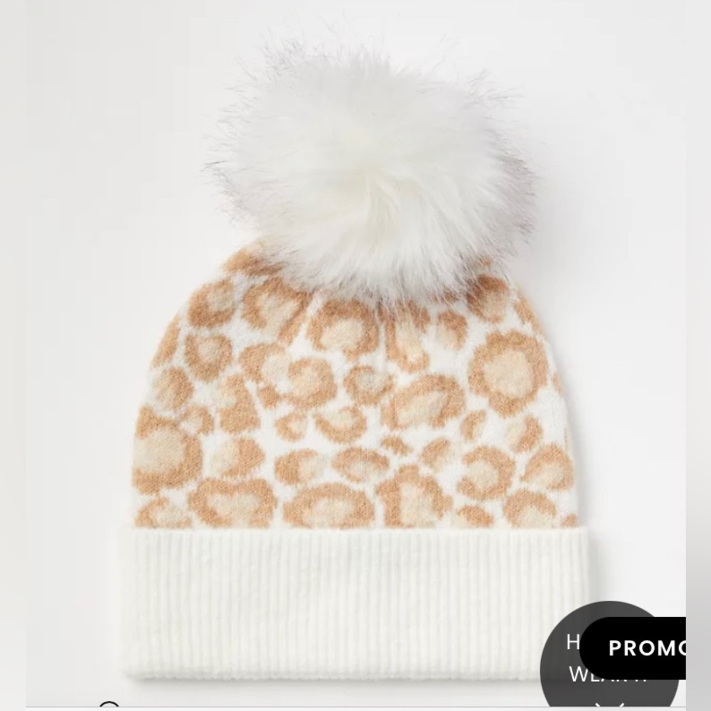 LOFT NWT Leopard Faux Fur Pom Pom Foldover Beanie